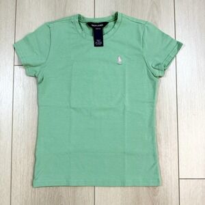 Ralph Lauren Girls Green Crewneck T-Shirt M 8/10 Pink Pony Logo Stretch Cotton